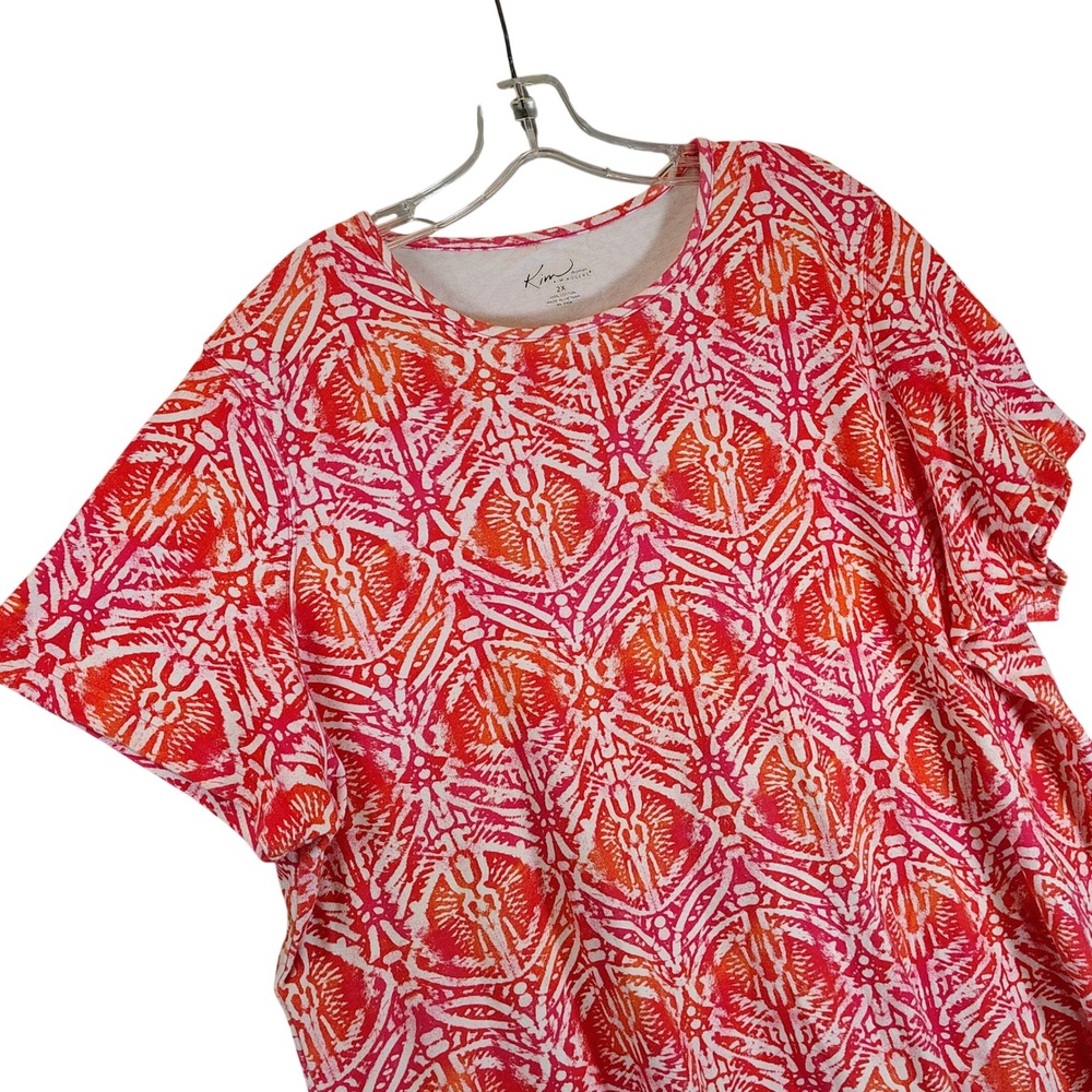 Kim Rogers Womens 2X Pink Orange White Geometric Abstract 100% Cotton T-Shirt